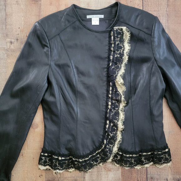 Peter Nygard Collarless Lace Trimmed Black Leather Jacket 10 - Picture 1 of 14